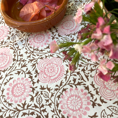 cypress cotton tablecloth salmon, choc and white