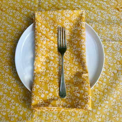 4 x block print daisy cotton napkin tumeric and white