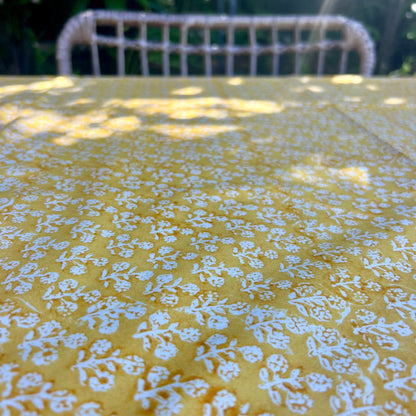 daisy block print cotton tablecloth tumeric and white