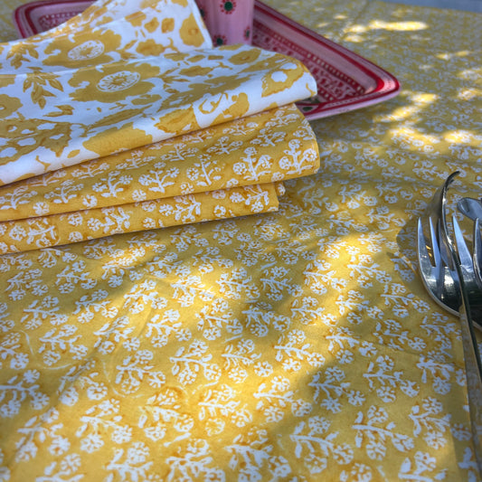daisy block print cotton tablecloth tumeric and white