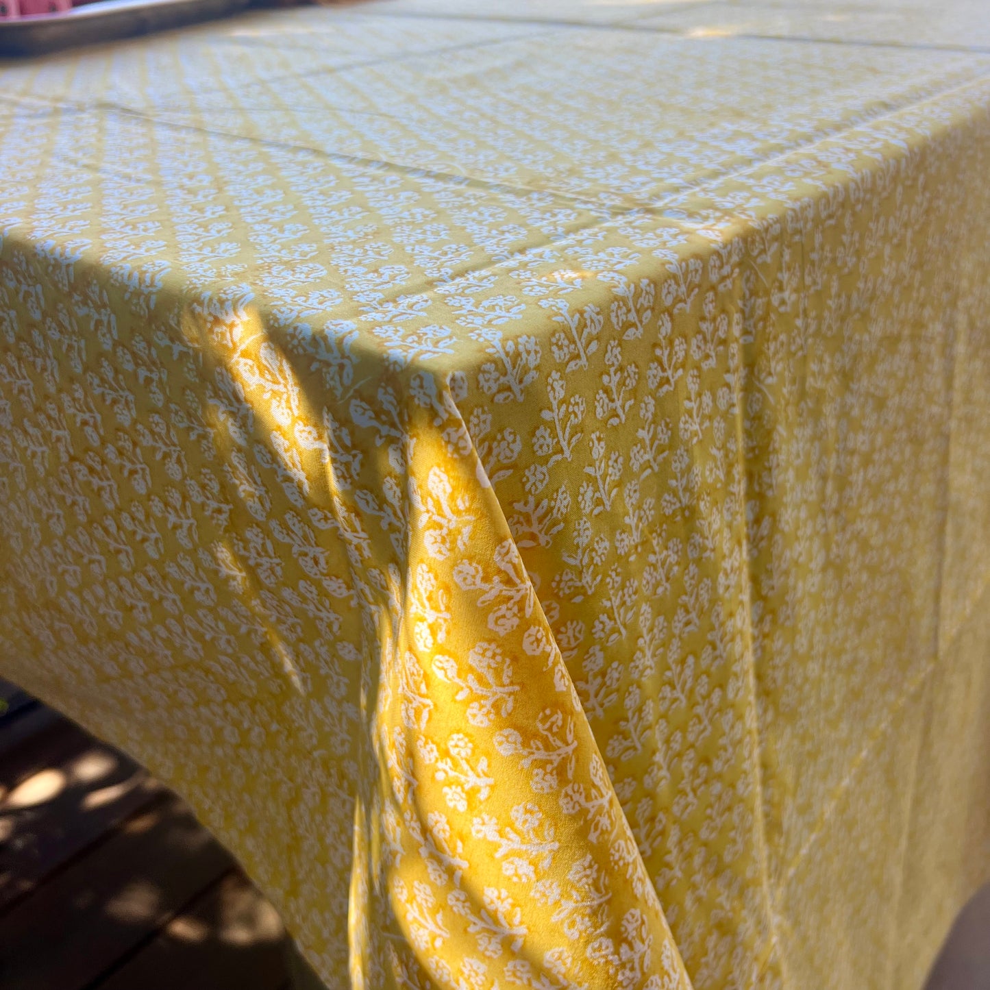 daisy block print cotton tablecloth tumeric and white