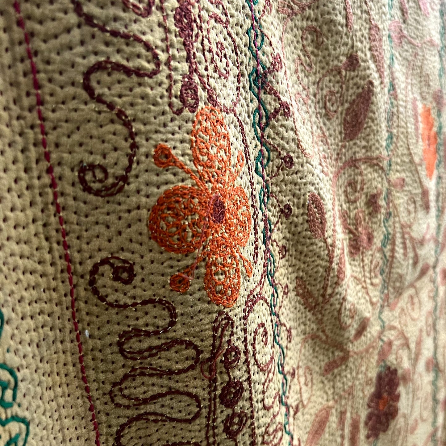 vintage embroidered, kantha quilt