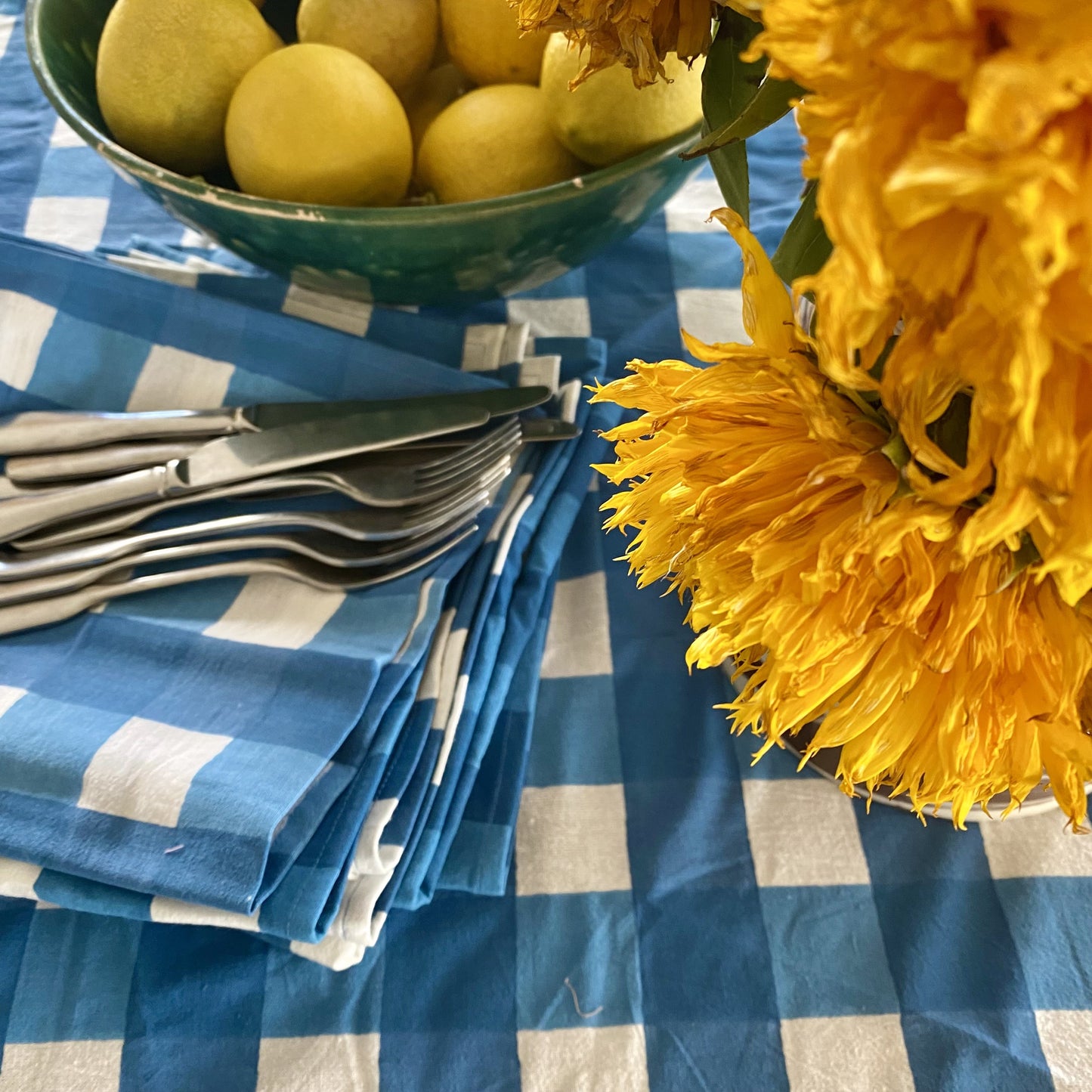 4 x block print check napkin blue