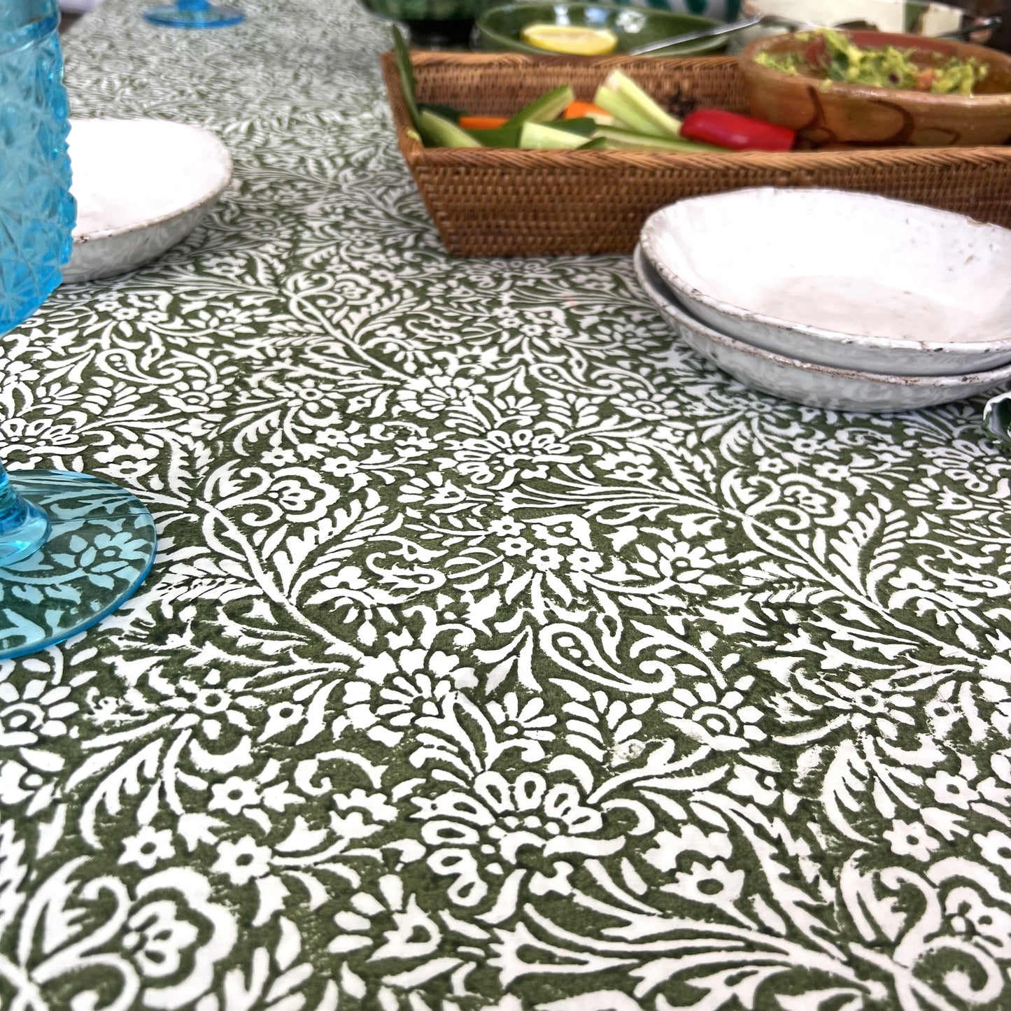 leaf block print cotton tablecloth olive and white