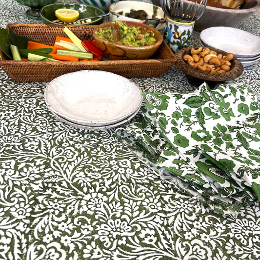 leaf block print cotton tablecloth olive and white