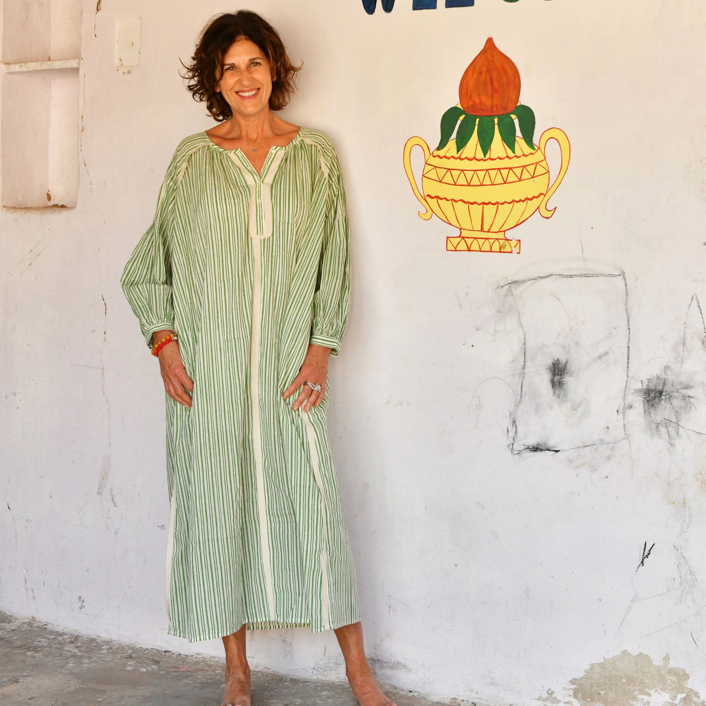 cotton voile block print stripe dress 165