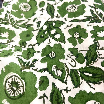 vintage floral block print cotton tablecloth green and white