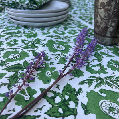 vintage floral block print cotton tablecloth green and white