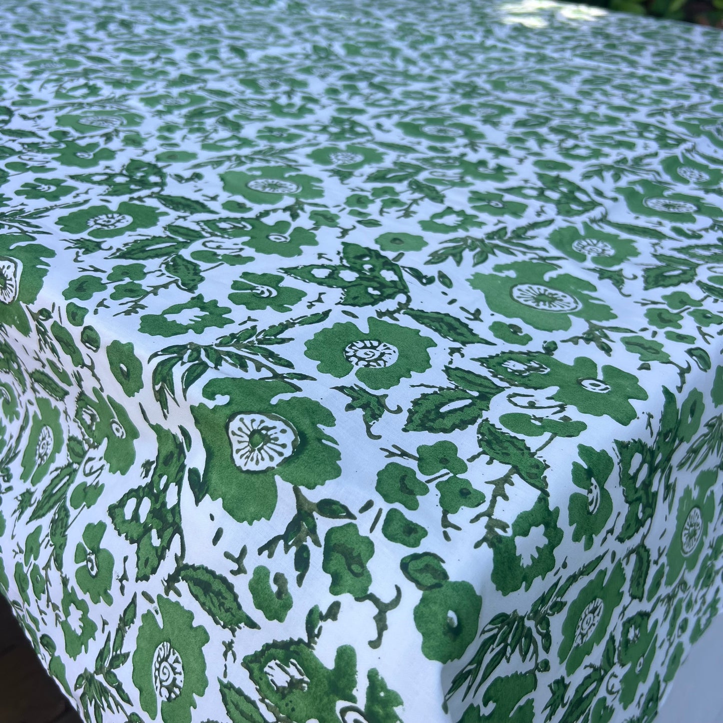 vintage floral block print cotton tablecloth green and white