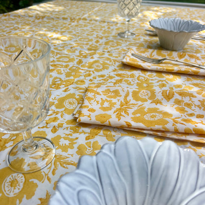 vintage floral block print cotton tablecloth yellow and white