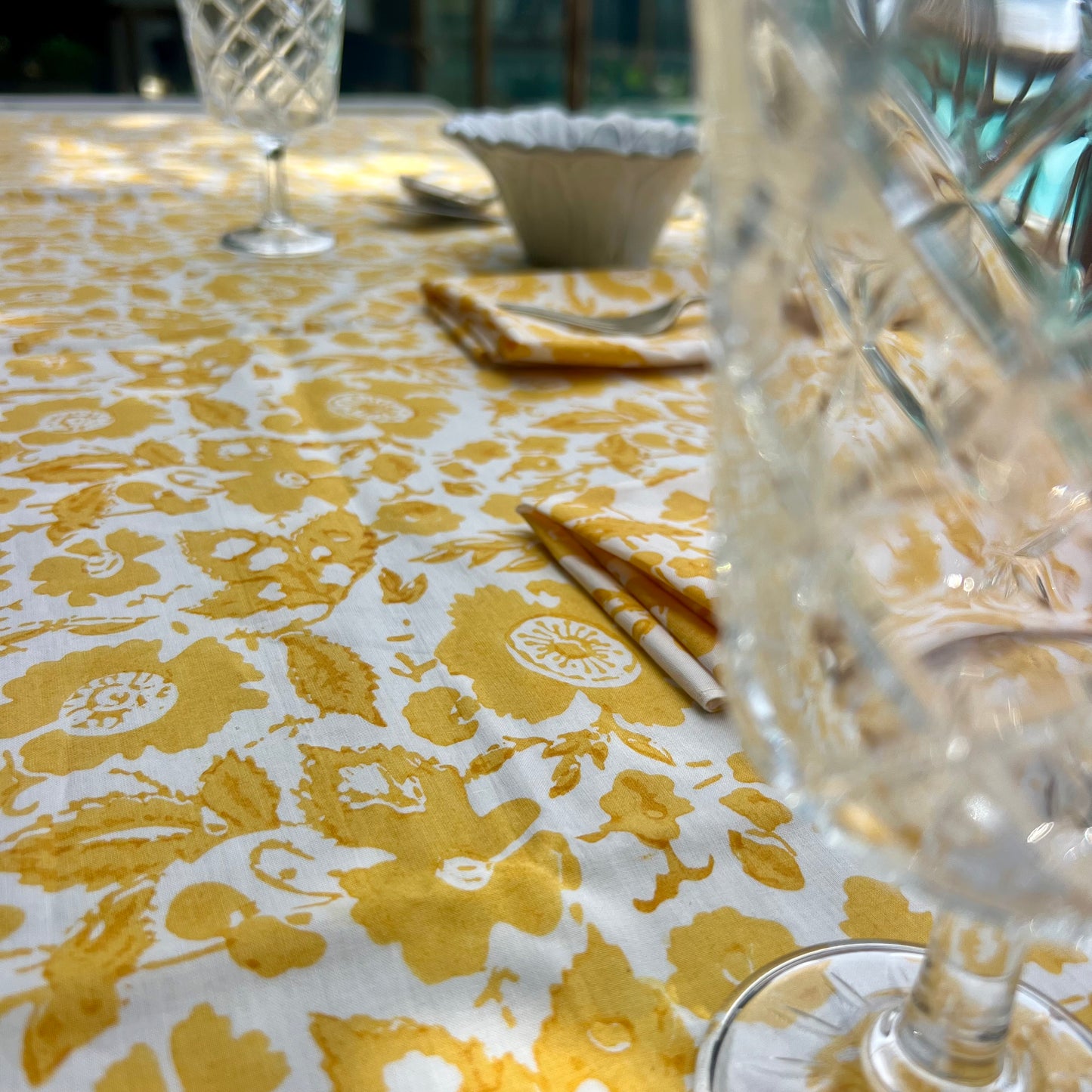 vintage floral block print cotton tablecloth yellow and white