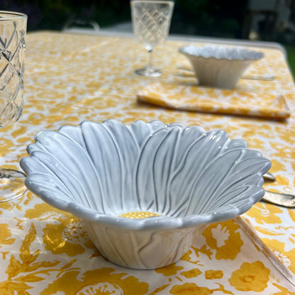 vintage floral block print cotton tablecloth yellow and white