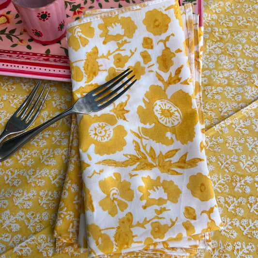 4 x block print floral cotton napkin tumeric and white