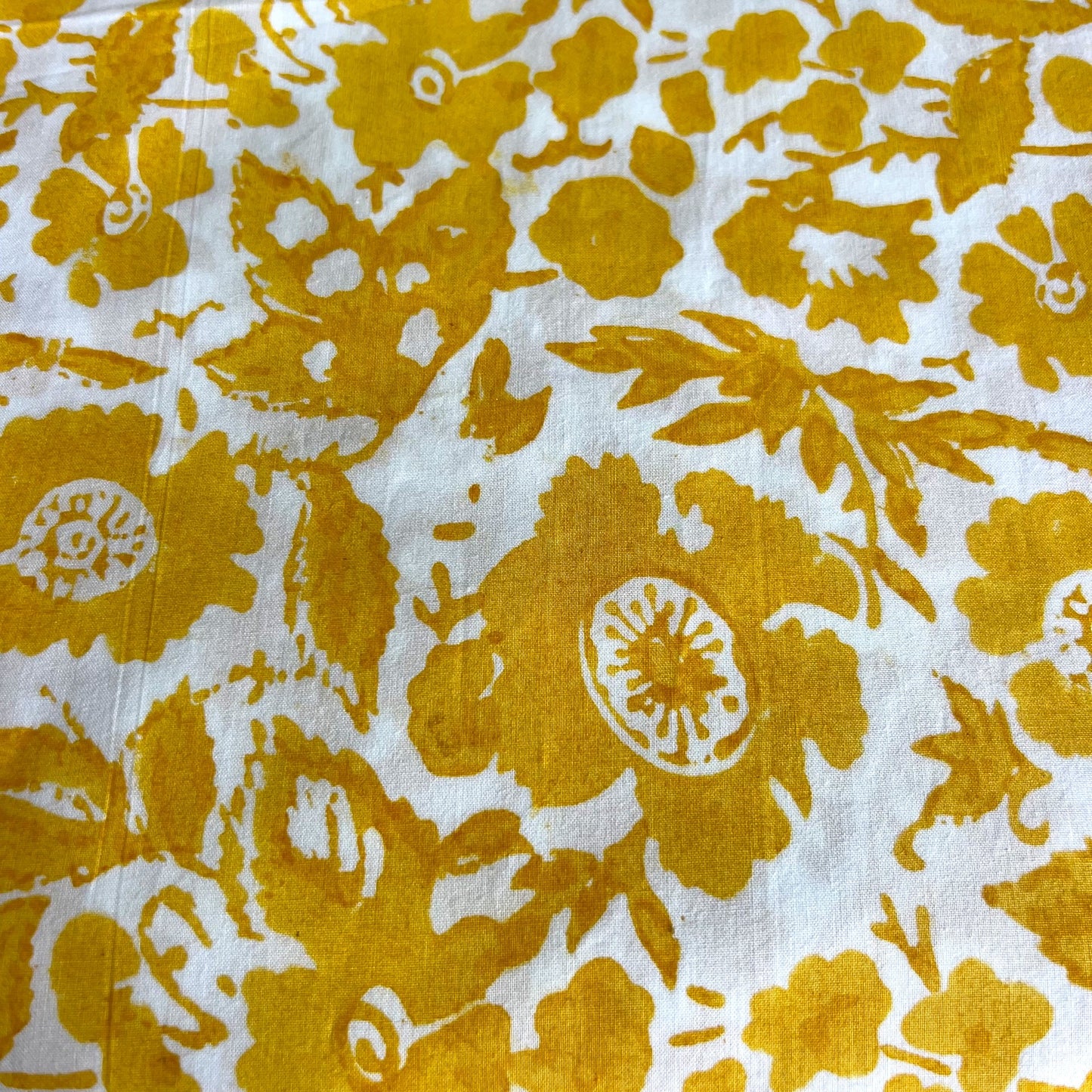 vintage floral block print cotton tablecloth yellow and white