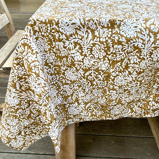 leaf block print cotton tablecloth natural and caramel