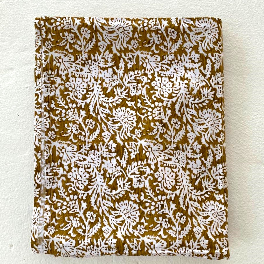 leaf block print cotton tablecloth natural and caramel
