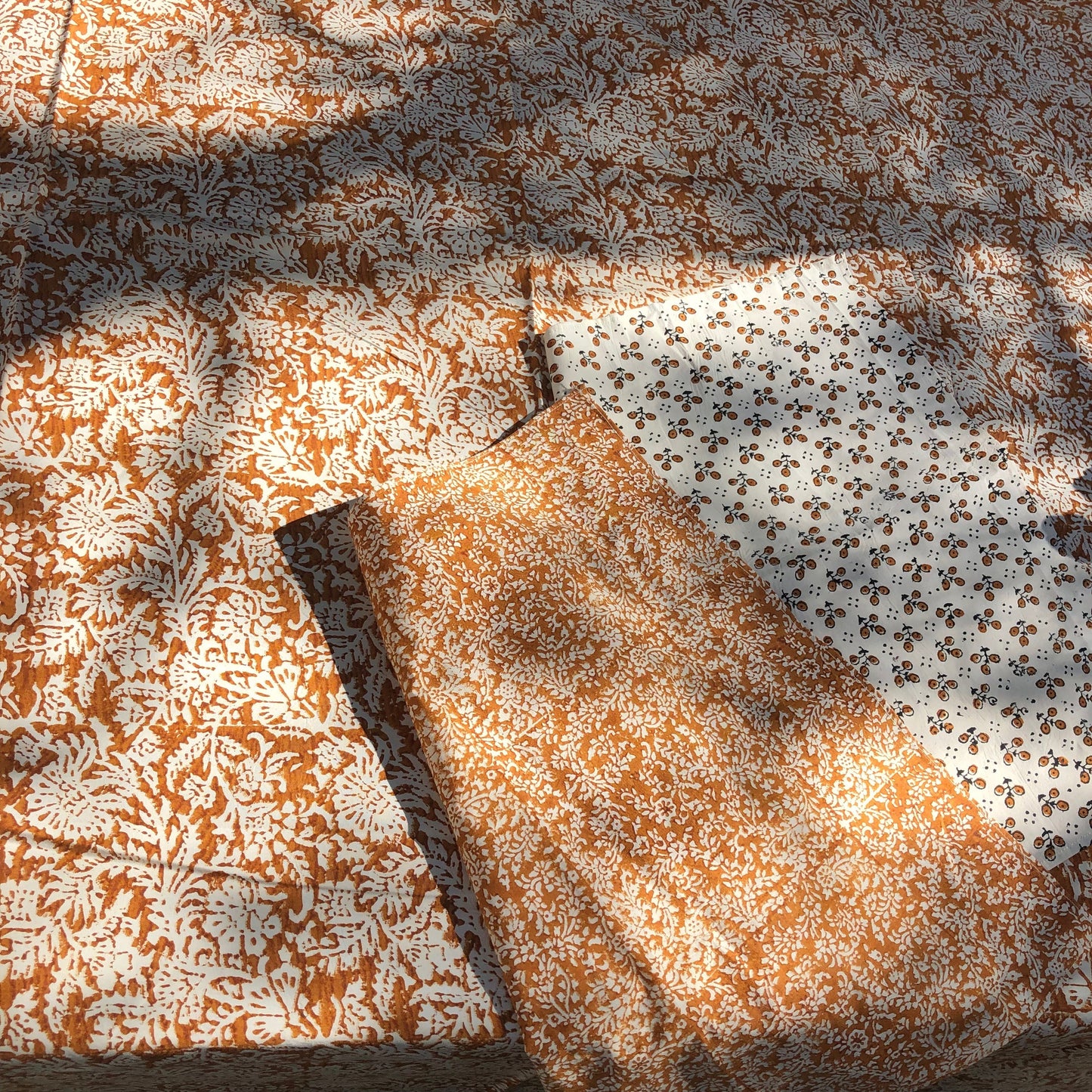 leaf block print cotton tablecloth natural and coffee