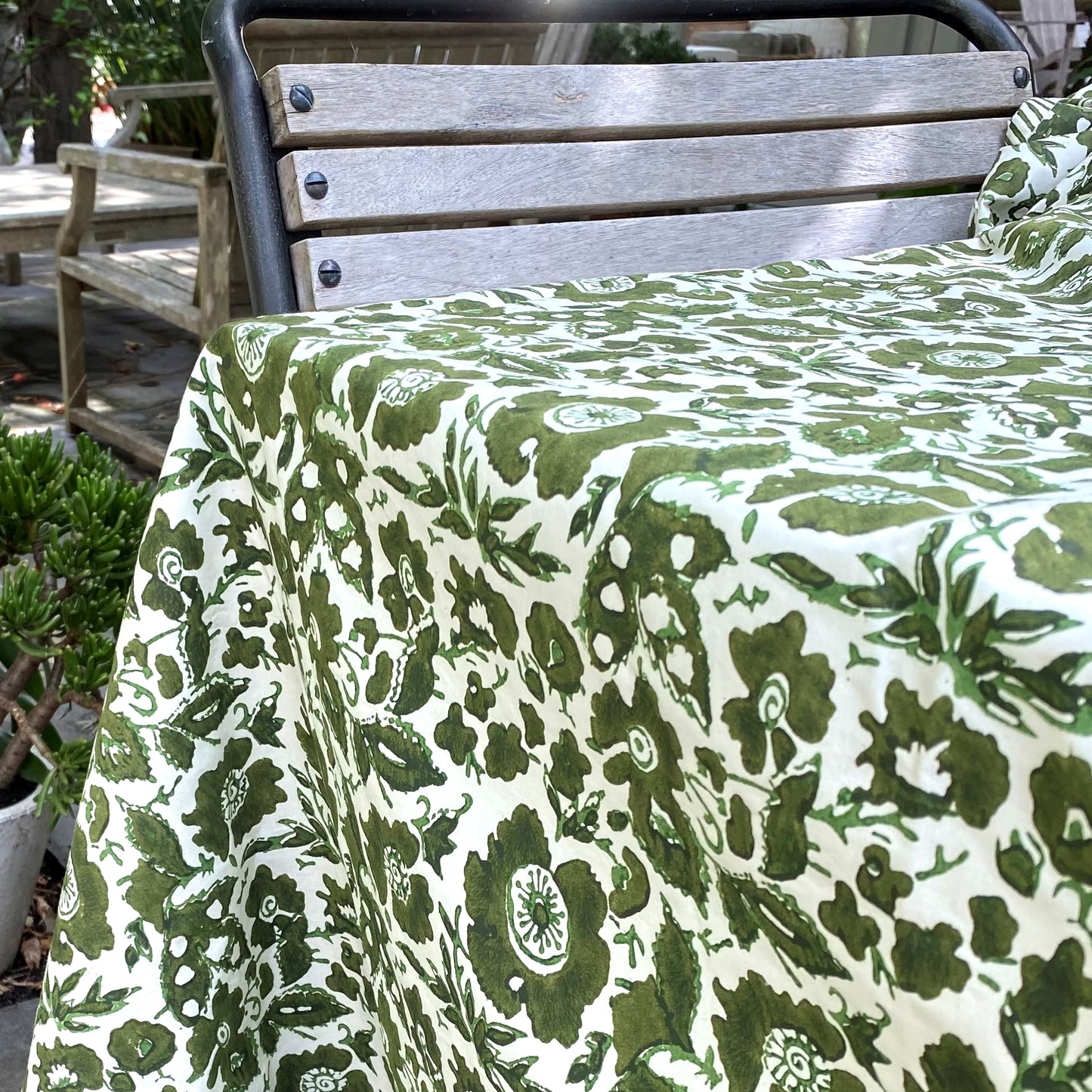 vintage floral block print cotton tablecloth olive