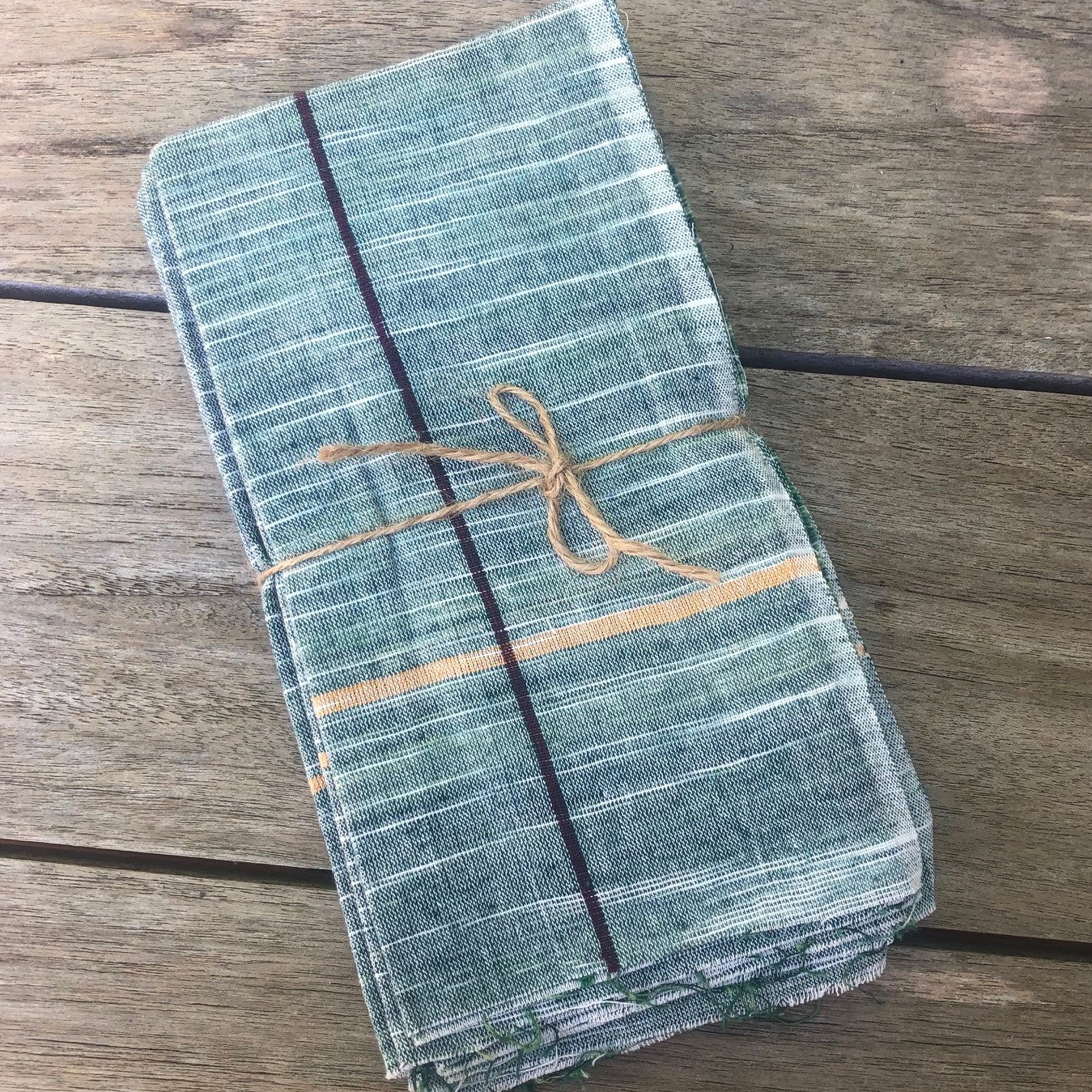 4 x green & multi thin stripe woven cotton napkins