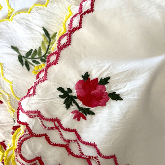 handmade white cotton napkin with red rose embroidery