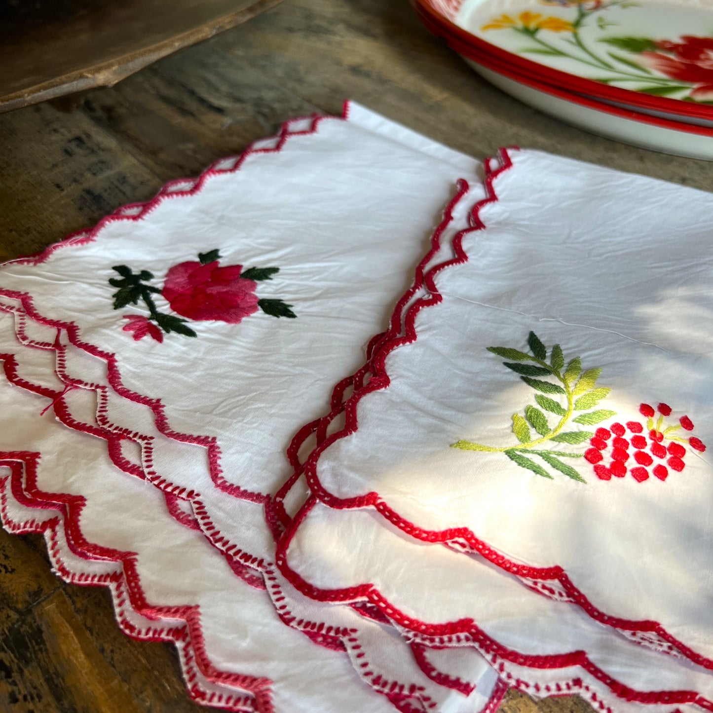 handmade white cotton napkin with red  blossom embroidery