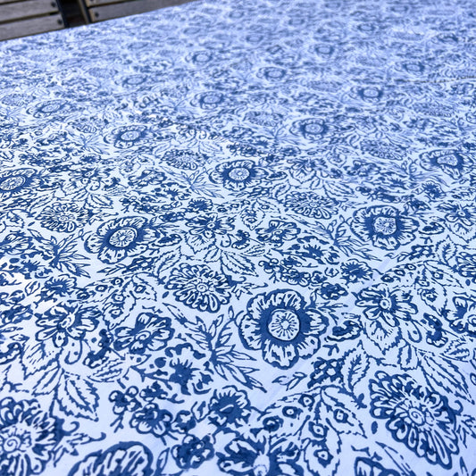 vintage floral block print cotton tablecloth white and royal blue