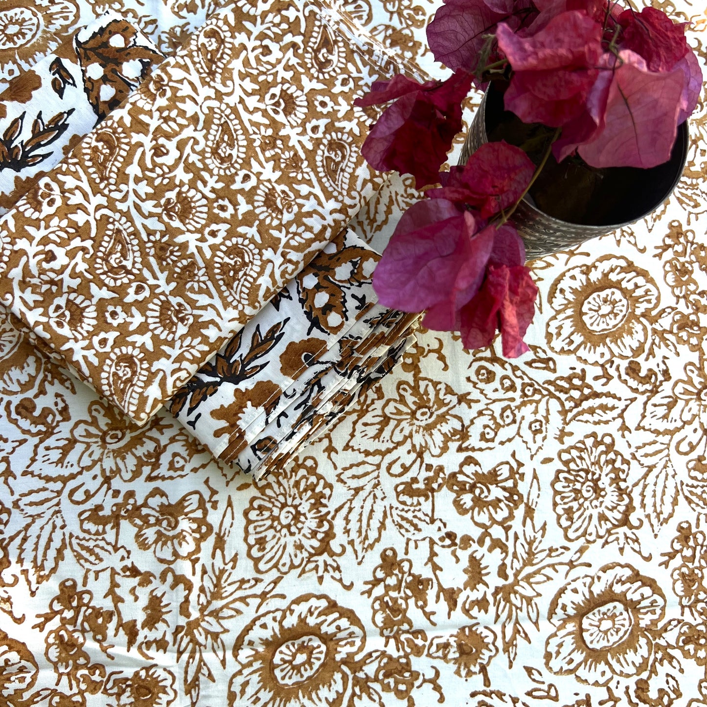 vintage floral block print cotton tablecloth coffee and white open print