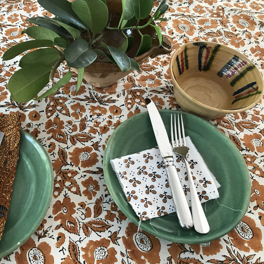 vintage floral block print cotton tablecloth white and coffee