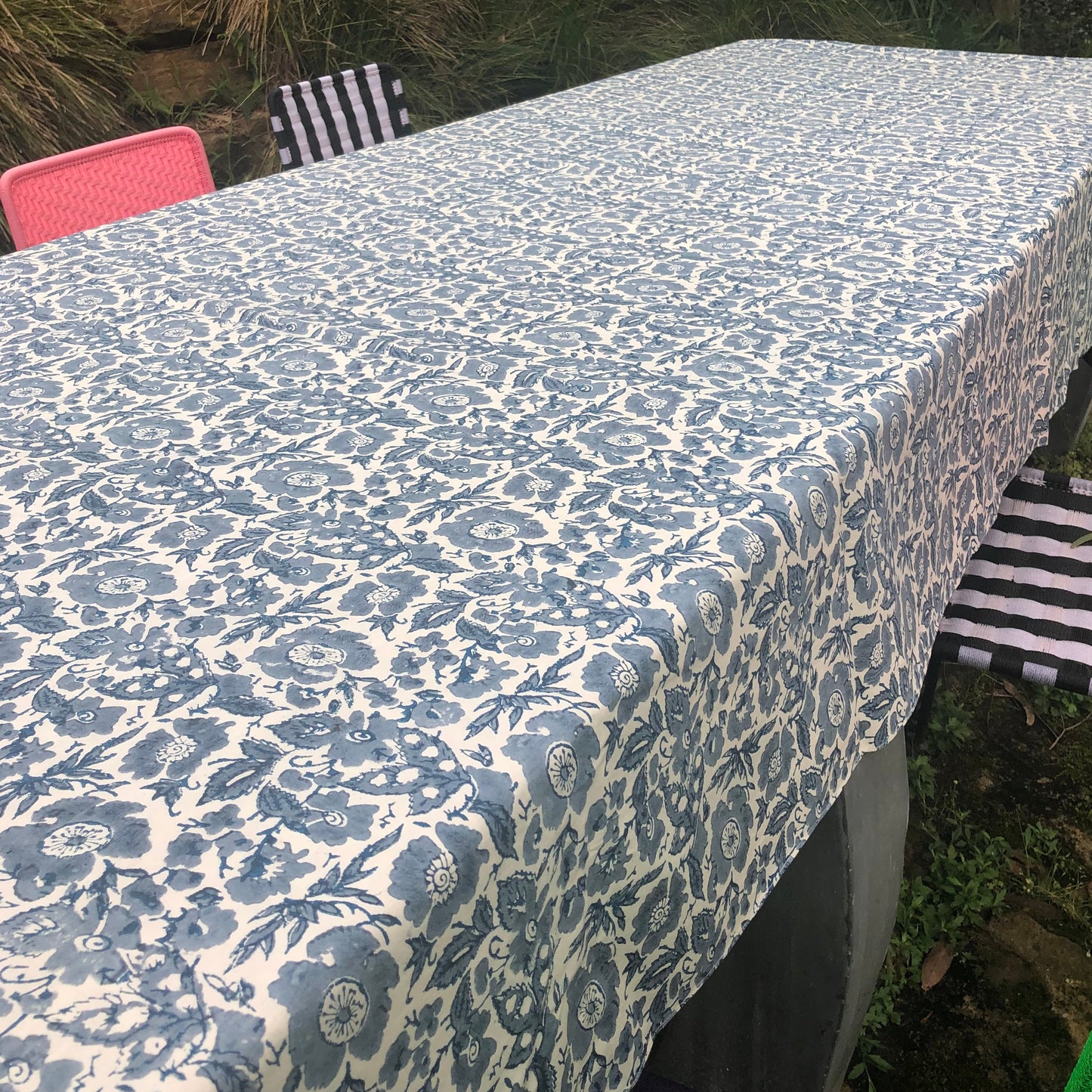 vintage floral block print cotton tablecloth blue and white