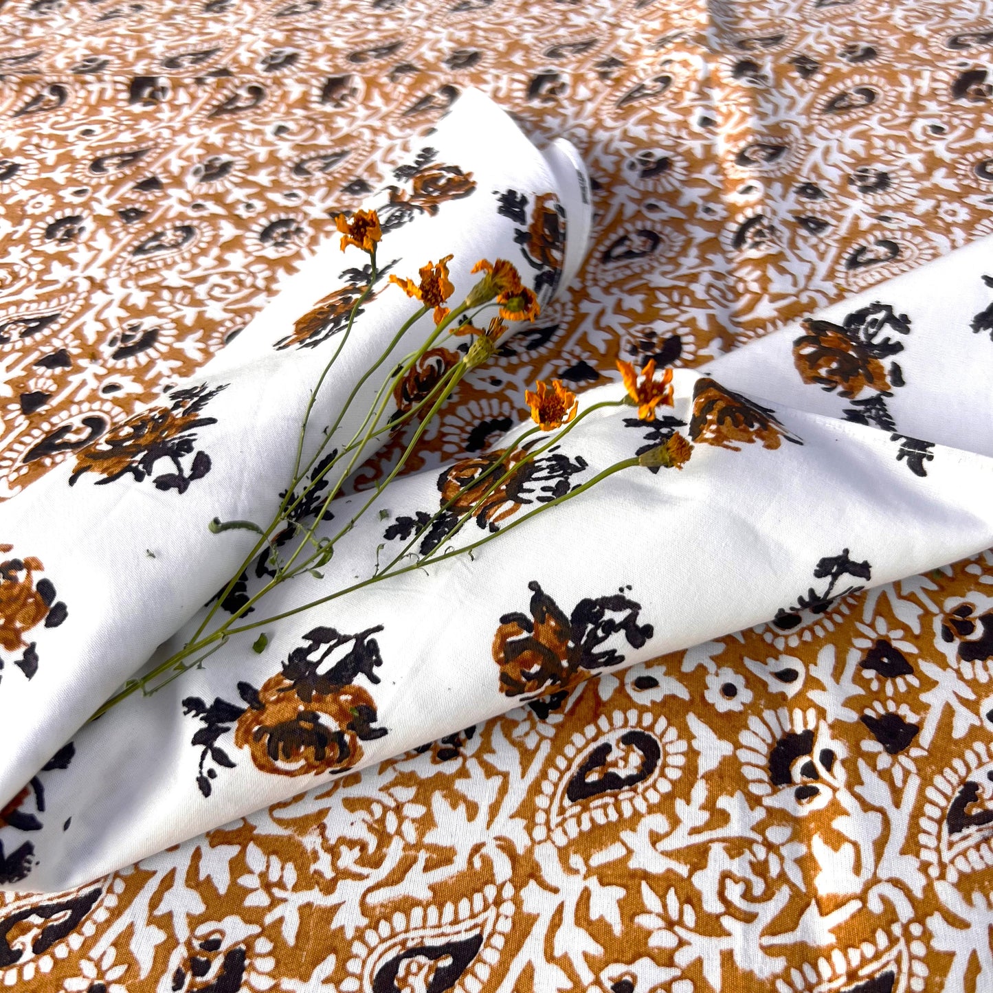 vintage paisely print cotton tablecloth natural and coffee