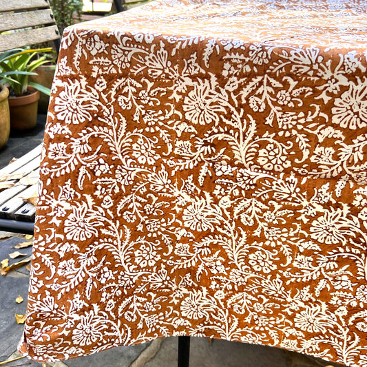 leaf block print cotton tablecloth white and coffee