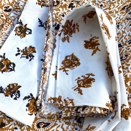 4 x block print rose cotton napkin coffee and natural