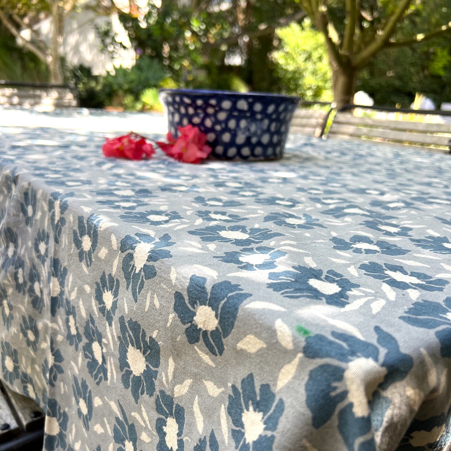poppy block print cotton tablecloth grey  & steel blues
