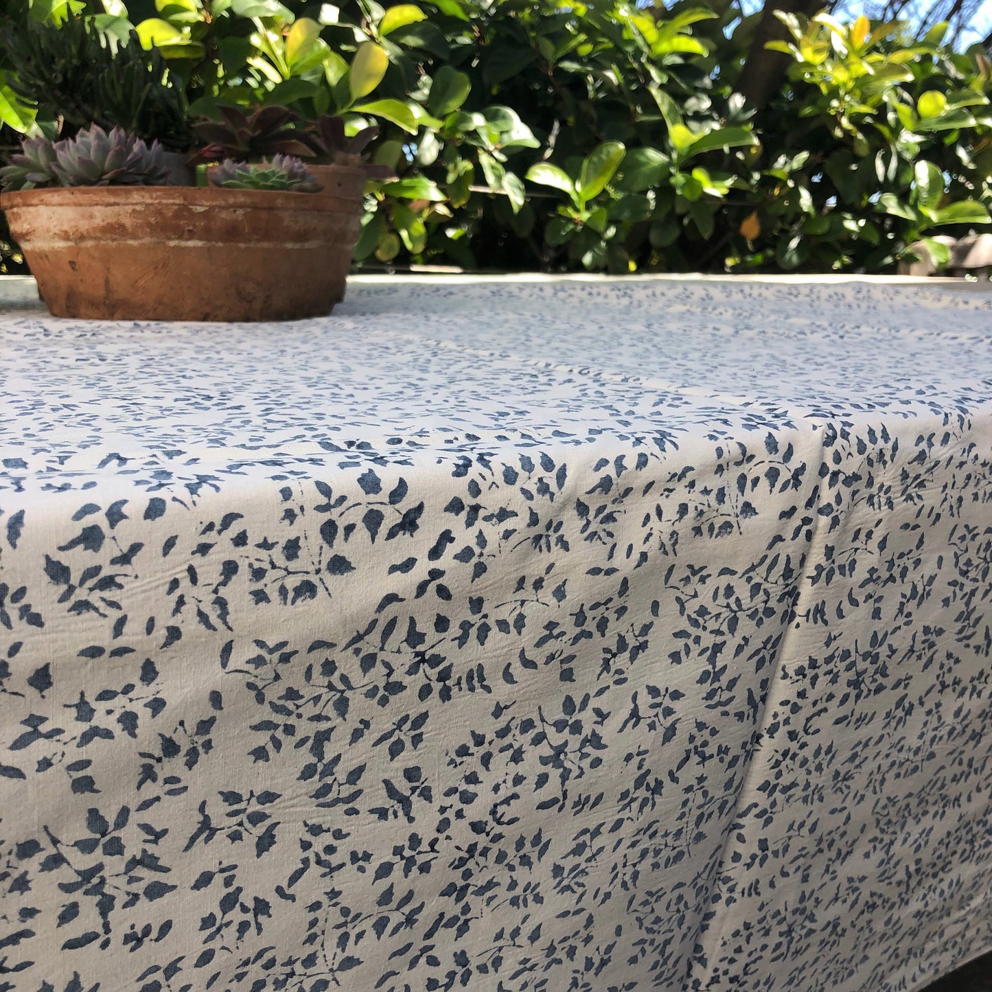 maple leaf block print cotton tablecloth white and blue