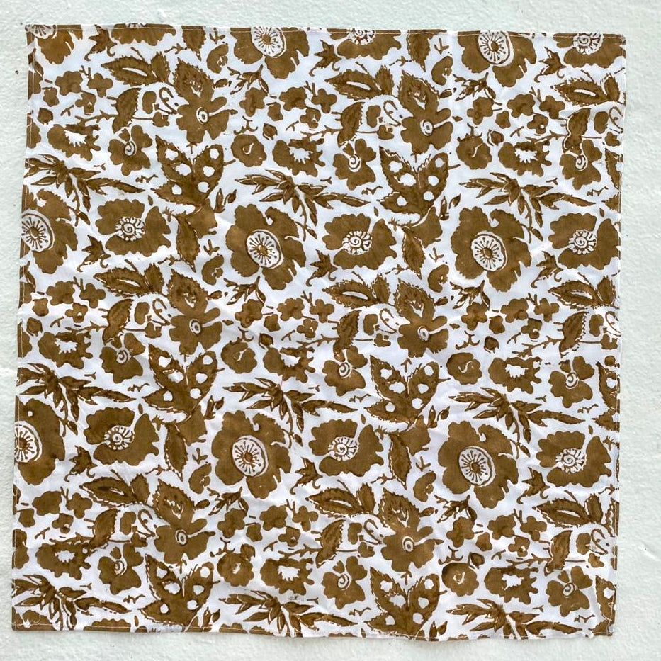 4 x block print floral cotton napkin caramel and white